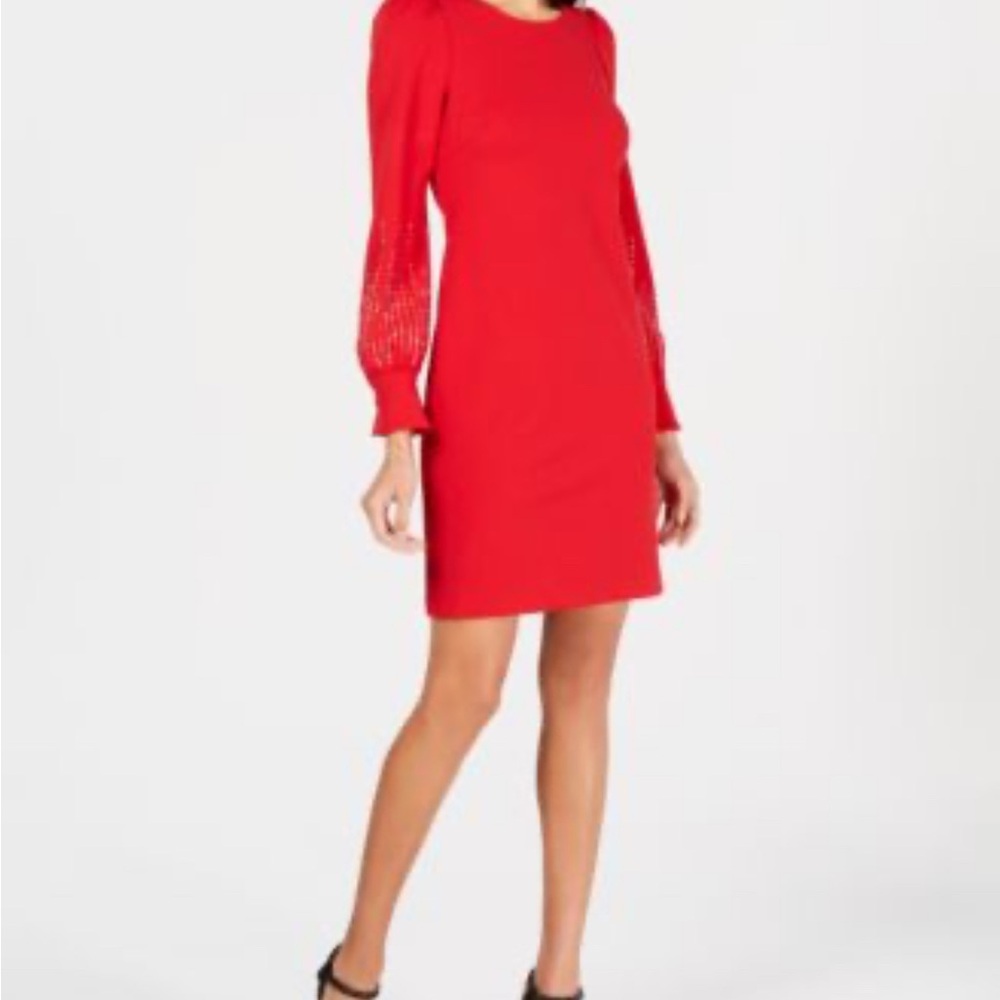 Calvin Klein Red Sheath Dress with Bishop Sleeves